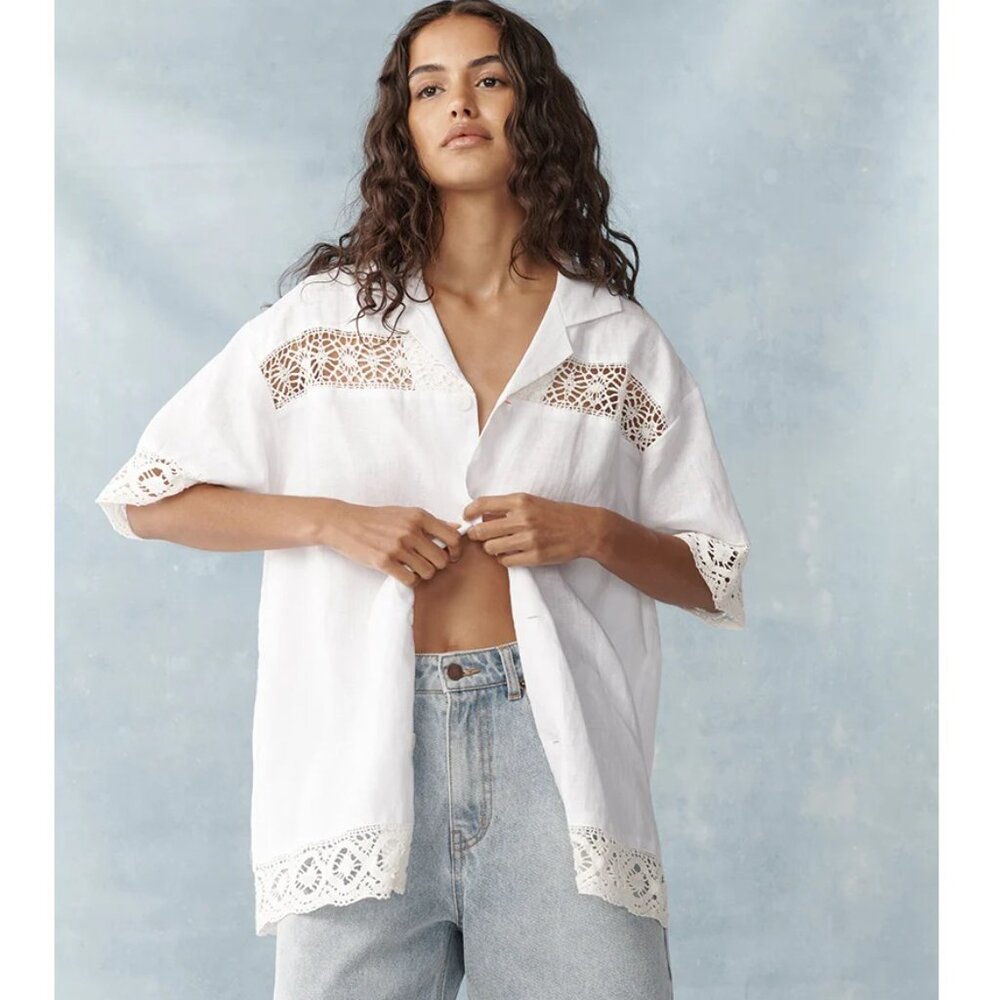 Ghanda Tilly Lace and Linen Button-down Shirt NWT